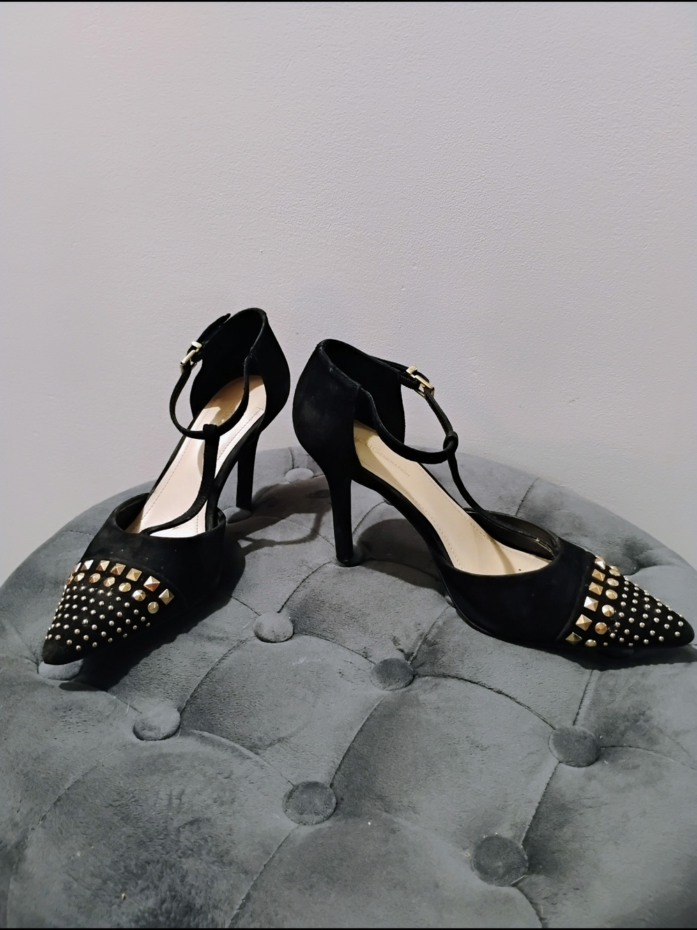 BCBG Generation Black Goldtone Studded Pointed-Toe T-Strap Heels